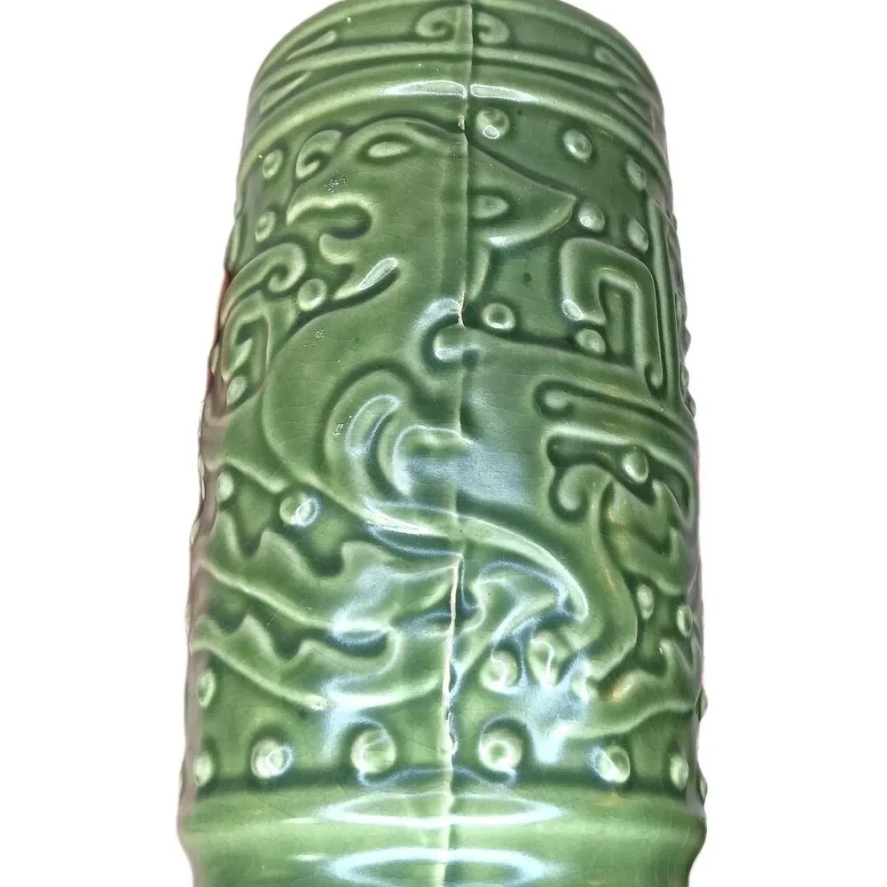 Vintage Green Ceramic Asian Dragon Tiki Mug Vase Planter 6